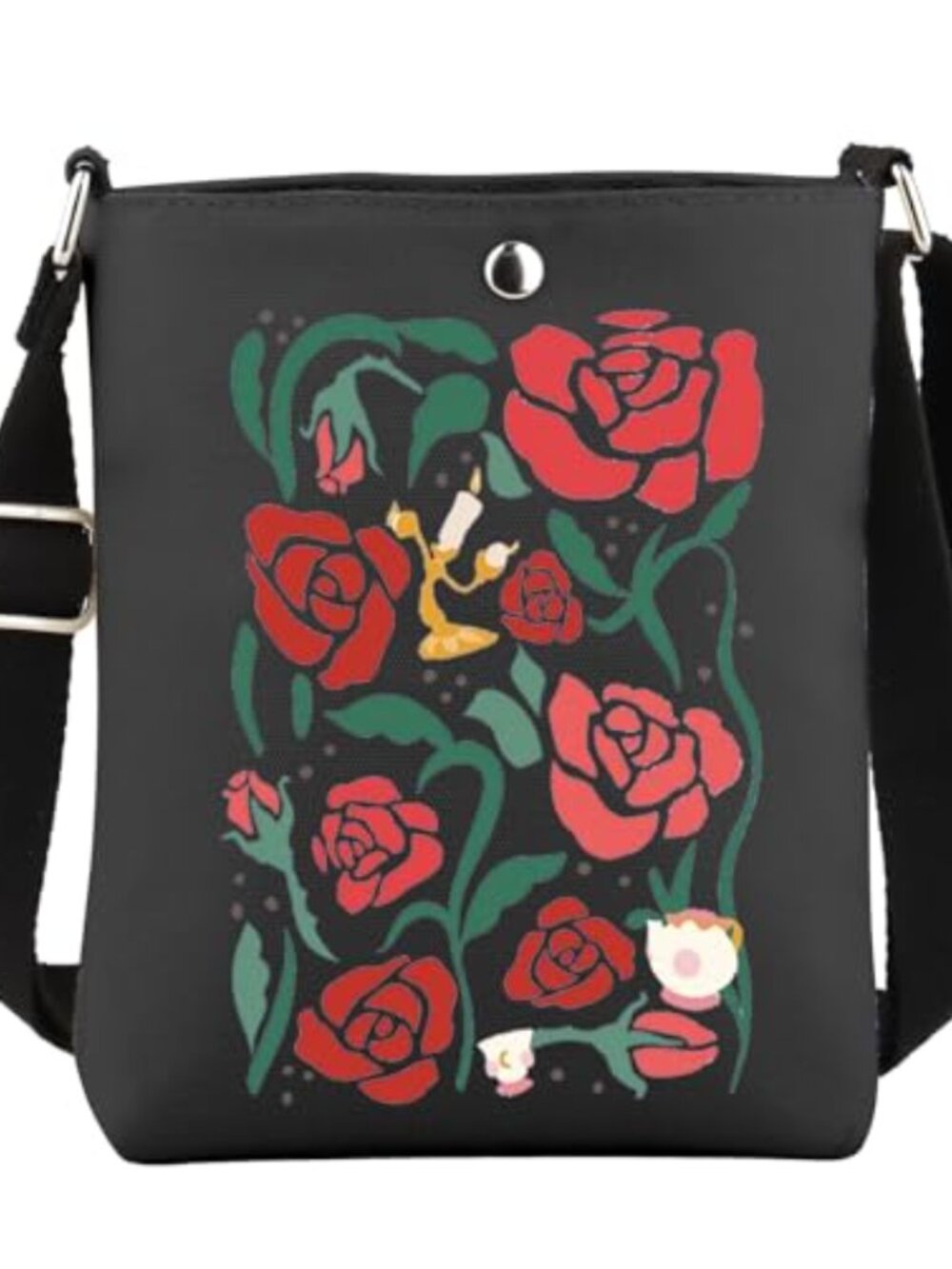 Canvas Crossbody Bag Rose Beauty Cartoon Print Adjustable Strap Women's Purse